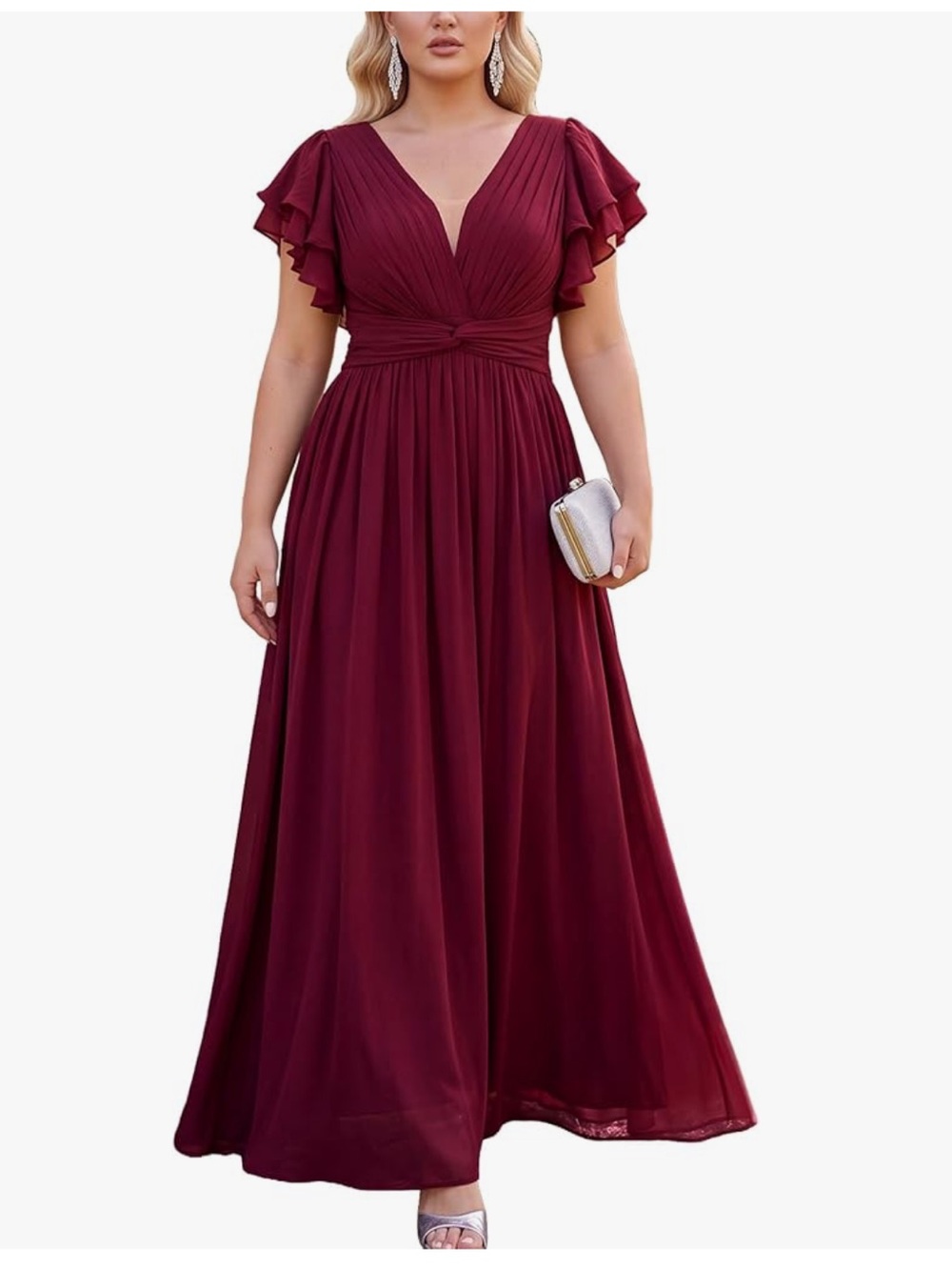 NWT Plus-Size V-Neck Burgundy Maxi Dress with Ruffle Sleeves - Burgundy 5XL